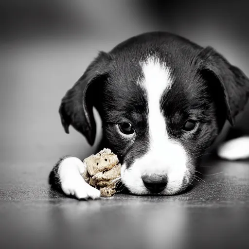 Image similar to black and white photography of a puppie sharing his meal with a small baby cat, animal photography, award winning photography by Leonardo Espina