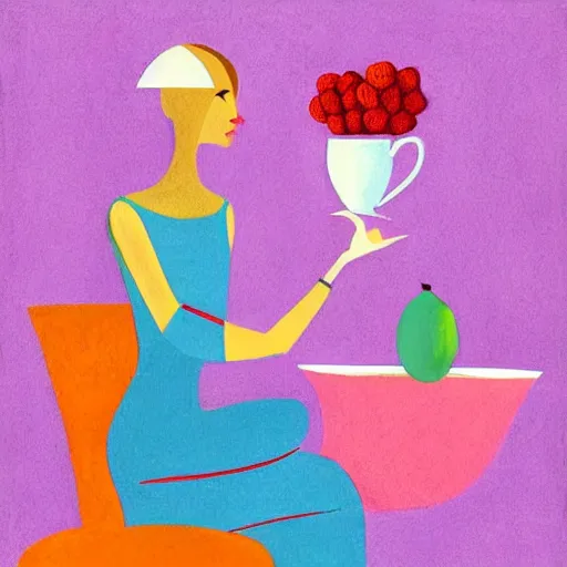 Prompt: beautiful lady, drinking tea, fruit basket, painting, abstract, clean shapes, pastel colors, ink lines