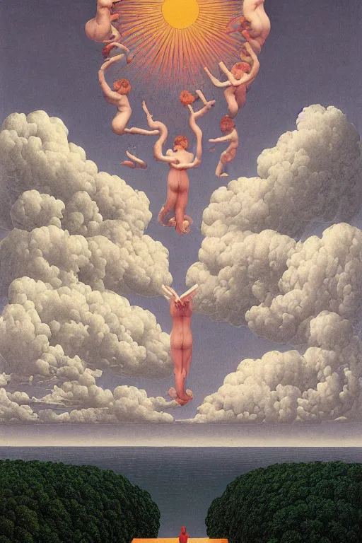 Image similar to colorful!!! heaven paradise by rene magritte, by laurie greasley and bouguereau, ( ( etching by gustave dore ) ), cloudscape, ultraclear intricate, sharp focus, highly detailed digital painting illustration, concept art, masterpiece