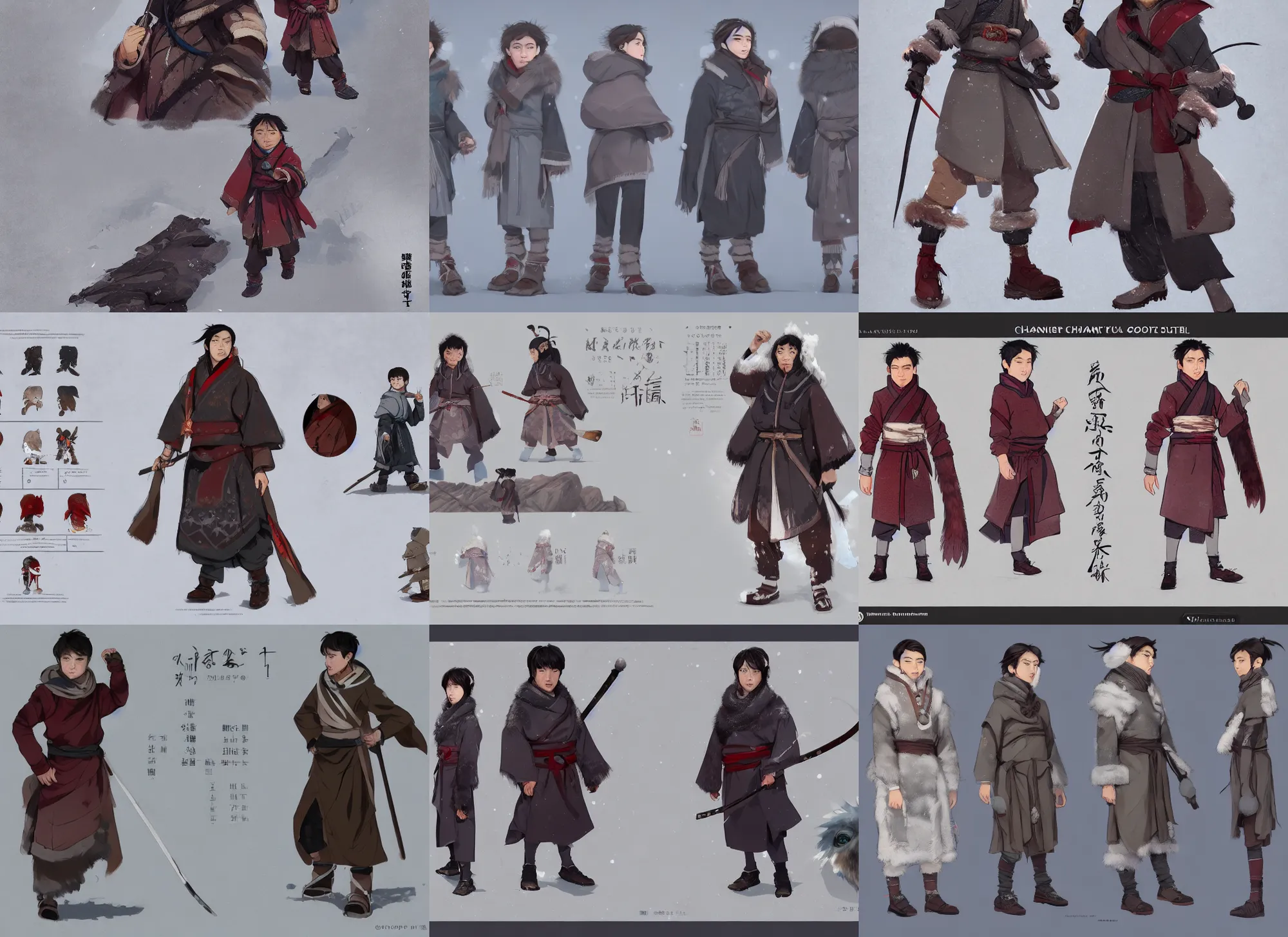 Prompt: character sheet for a rich cute wuxia style inuit boy, winter clothes has complex pattern, dynamic color, for genshin impact by greg rutkowski, by studio ghibli, digital art, trending on artstation, hd, 8 k, highly detailed, good lighting, beautiful, masterpiece