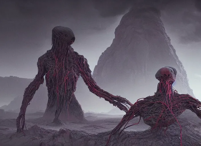 Image similar to rgb, woman looking at a giant monster, dynamic pose,, on an alien planet, movie scene, inspired by zdzislaw beksinski, clothes made out of veins,, cables everywhere, bedroom, ultra realistic, concept art, intricate details, highly detailed, photorealistic, octane render, 8 k