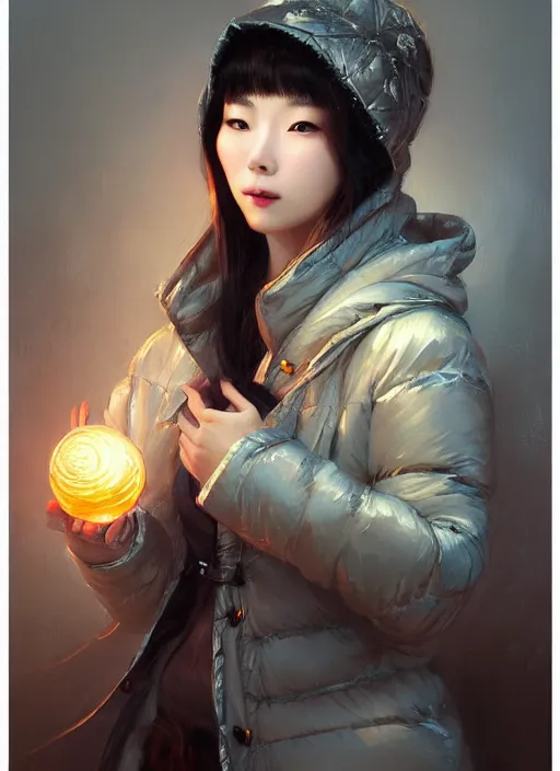 Image similar to a beautiful chinese woman in down jacket ， a goose ， winer ， wenjun lin intricate, elegant, highly detailed, digital painting, artstation, concept art, matte, sharp focus, illustration, hearthstone, art by artgerm and greg rutkowski and alphonse mucha