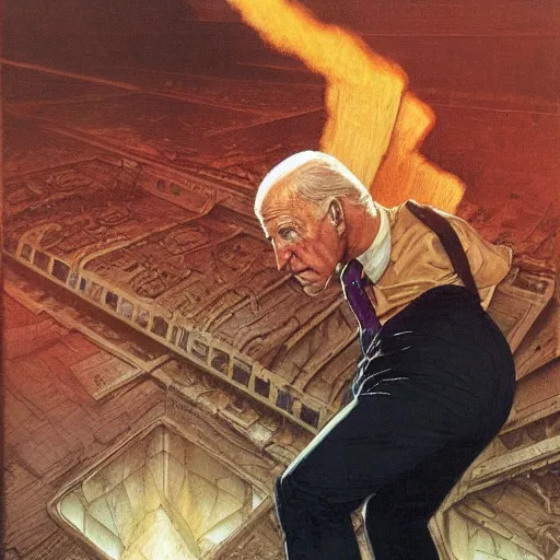 Image similar to immense, majestic, surreal, terrifying joe biden crushing buildings under his heel, perfectly clear face, by j. c. leyendecker and beksinski