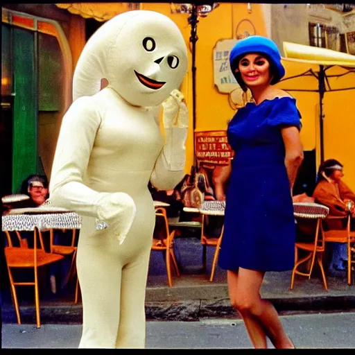 Image similar to professional archival photo of a glamorous woman and her friend, a puppet that looks like Caspar the Friendly Ghost, in a sidewalk cafe in paris, wearing berets, 16mm film soft color, earth tones and some primary colors 1976, archival footage, in style of doris wishman russ meyer, woman looks like sofia loren