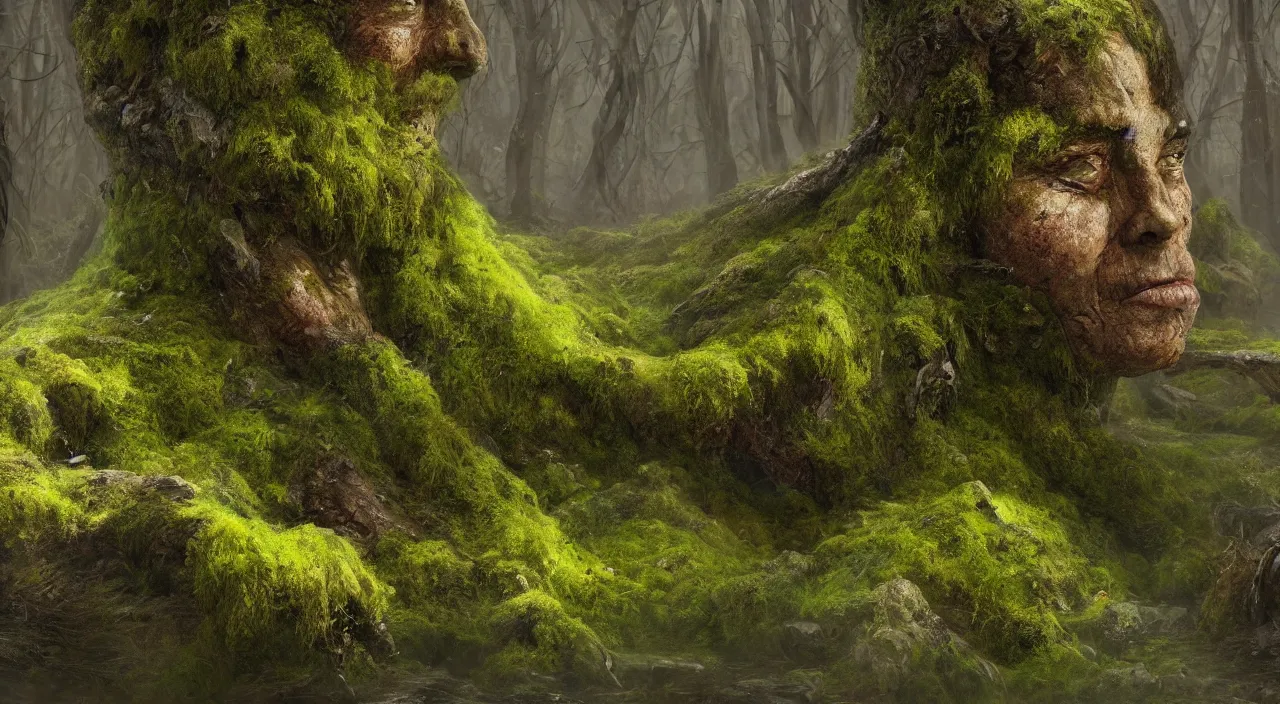 Prompt: Giant 65 year-old Gaia covered in moss, crying softly and humbly, sitting on a dried up river, highly-detailed, elegant, dramatic lighting, artstation, 4k