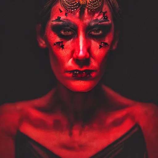 Image similar to stunning beautiful portrait photography of a face detailing demonic Countess wearing red and black dress from national geographic magazine award winning, dramatic lighting, taken with Sony alpha 9, sigma art lens, medium-shot