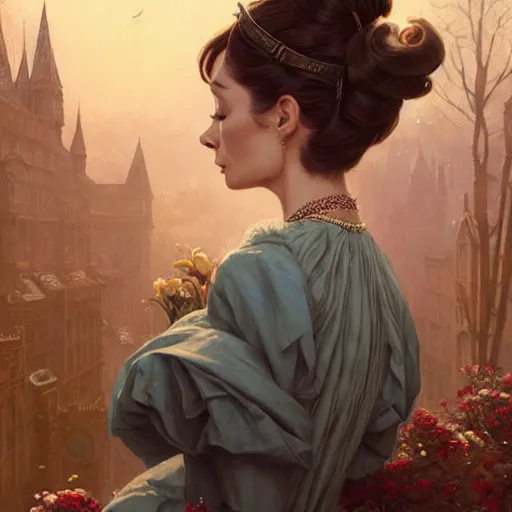 Image similar to audrey hepburn in an epic victorian novel, various backgrounds, intricate, elegant, highly detailed, digital painting, artstation, matte, illustration, art by artgerm, greg rutkowski, loish, rhads, ferdinand knab, makoto shinkai, lois van baarle, ilya kuvshinov, rossdraws, tom bagshaw