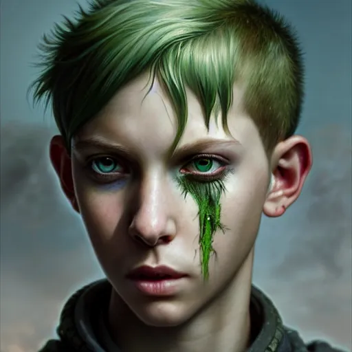 Prompt: portrait painting of a post - apocalyptic green haloed bald androgynous teenager with white eyes, ultra realistic, concept art, intricate details, eerie, highly detailed, photorealistic, octane render, 8 k, unreal engine. art by artgerm and greg rutkowski and charlie bowater and magali villeneuve and alphonse mucha