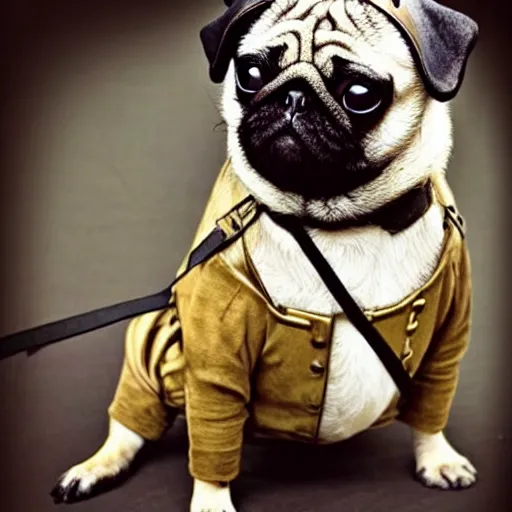 Prompt: photo of a pug dressed in steampunk gear.