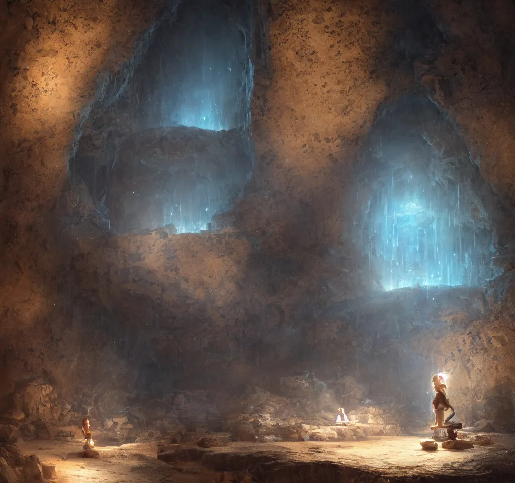 Image similar to a brown skinned little girl with mid curly white hair, looking at blue liminescent hieroglyphics inside a dark cave alone by greg rutkowski, artstation, hyperdetailed, dramatic, epic painting, cgsociety, sharpness, 8 k, golden ratio