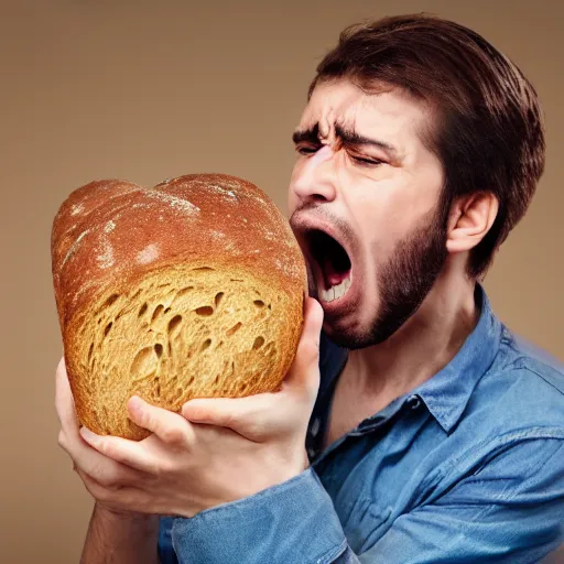 Image similar to man angrily shouting at a loaf of bread, 4 k