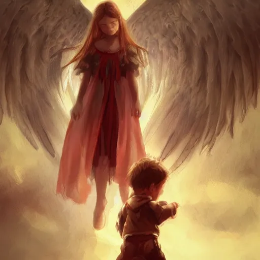 Prompt: Angel protecting child by Z.W. Gu, very detailed, deviantart, artstation