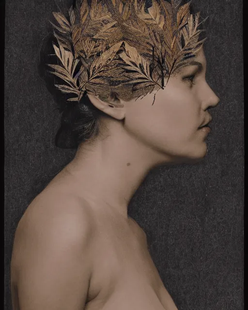 Image similar to a woman's face in profile, wearing a vintage motorcycle helmet made of sweeping intricate delicate leaf skeleton, in the style of the dutch masters and gregory crewdson, dark and moody