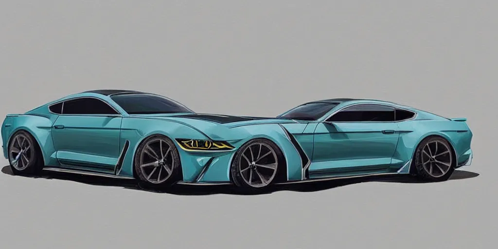 Image similar to hybrid design of Ford Mustang GT 1970 and Aston Martin 2022. No background, concept art style.
