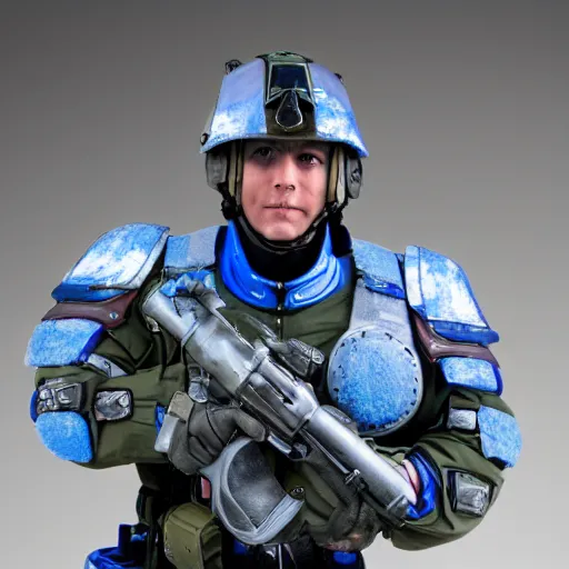 Prompt: a futuristic soldier captain with an armored visor and a blue shoulderpad