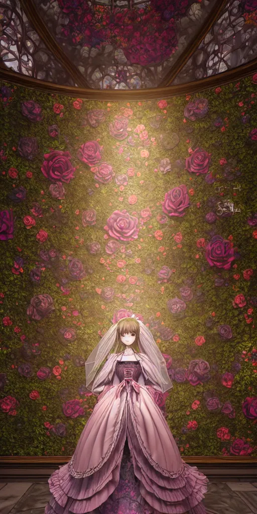 Image similar to the beautiful hyperdetailed physical rendering of a single rose wedding gothic lolita dress clothing design display in show in front of your eyes, perfectly shaded, atmospheric lighting, in the style of makoto shinkai, raphael lacoste louis comfort tiffany, stanley artgerm lau, wlop, rossdraws, 8 k hd, 3 drender, super close lens