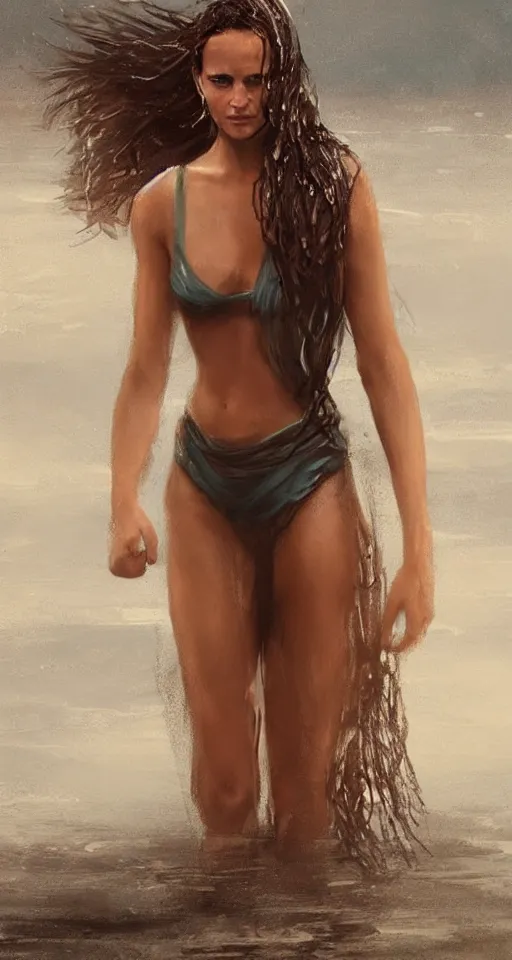 Image similar to Alicia Vikander with wet hair stands on a beach, no noise, elegant, concept art, sharp focus, digital art, smooth defined outlines!!, by Brom, trending on Artstation, Tom Bagshaw, Sargent