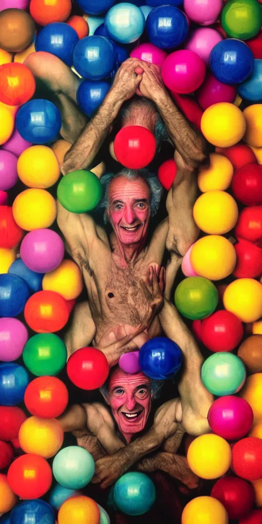 Prompt: award winning photo of albert hoffman playing with BALLS, vivid colors, happy, symmetrical face, beautiful eyes, studio lighting, wide shot art by Sally Mann & Arnold Newman