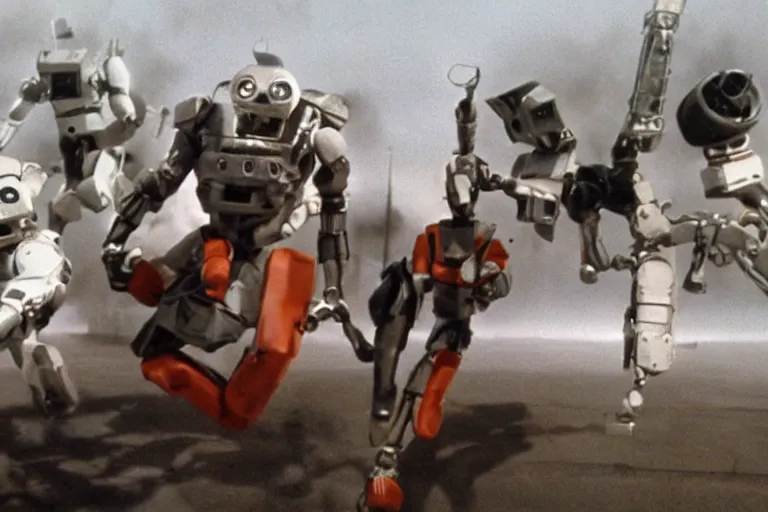 Image similar to a movie still from the 1985 summer blockbuster movie Back to the Robots directed by Steven Spielberg
