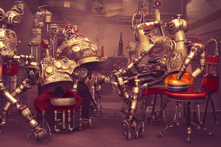 Image similar to backstage at a festival, 3 drunk steampunk robot musicians sitting on chairs, table with many bottle of beer and wiskey, exaggerated detailed, unreal engine