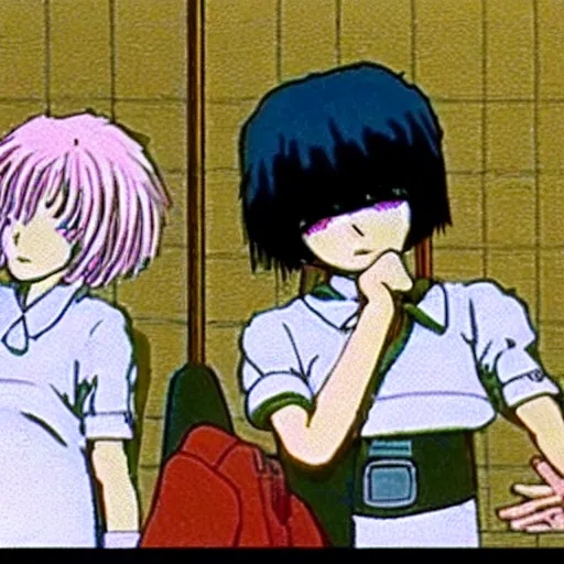 Image similar to screenshot from guro anime, 8 0's horror anime, yellowed grainy vhs footage with noise, four schoolgirls trapped in a bathroom, bathroom stalls and sinks and tiled floor, girls are in beige sailor school uniforms, one girl has white hair, detailed expressive faces, various hair colors and styles, in the style of studio ghibli,