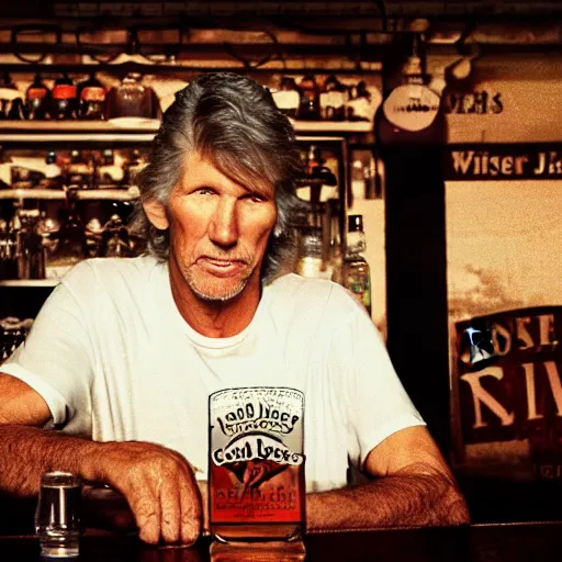 Image similar to roger waters drinks jack daniels whiskey in a old 8 0 s chicago bar, realistic, hdr, clear image, hdd, dynamic lighting,