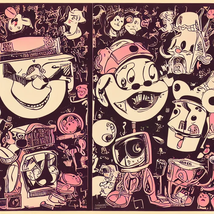 Image similar to risograph of two retro cartoon character faces by gary baseman and gavin mccarthy