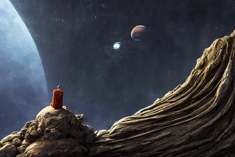 Prompt: a monk looking from a cliff at a huge alien spacecraft in the distance, black giger alien architecture, planets, cosmic, nebula highly detailed, vivid color, cinematic lighting, perfect composition, rainbowshift, sharp focus, 8 k, h. r giger, derek zabrocki, greg rutkowski, sangyeob park, maxfield parrish, octane render