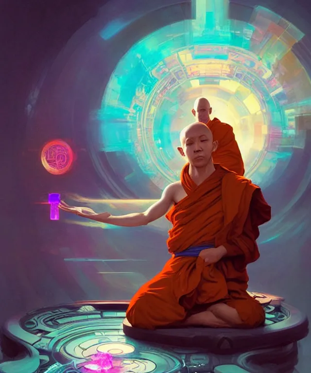 Image similar to a floating monk, meditating, wearing netrunner clothing, vaporwave aesthetic, colorful, psychedelic, digital painting, artstation, concept art, smooth, sharp focus, illustration, art by artgerm and greg rutkowski and alphonse mucha