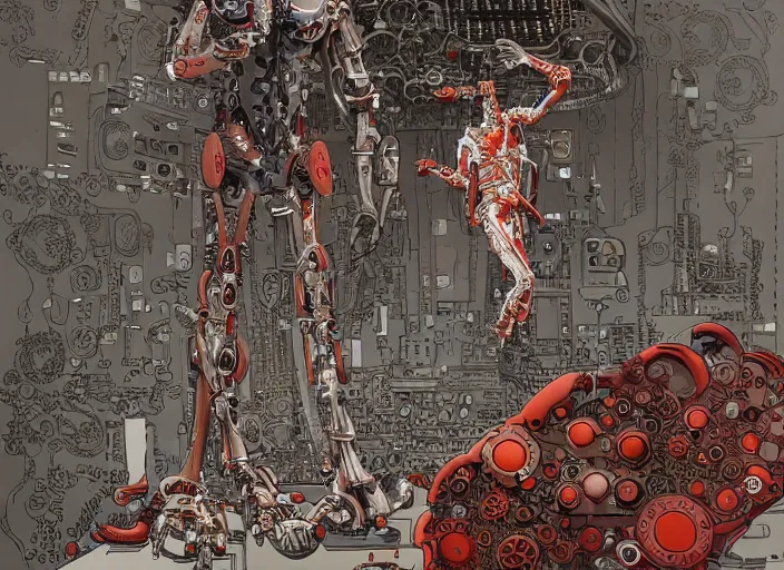 Image similar to cyborg in the data center, wired to the equipment and typing on the keyboard, red biomechanical details, wearing epic bionic cyborg implants, inflateble shapes, masterpiece, intricate, biopunk, highly detailed, artstation, concept art by frank miller geof darrow mike mignola, 8 k