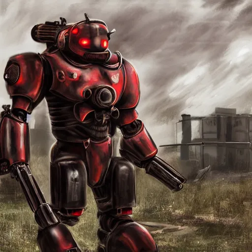 Prompt: photorealistic anthropomorphic red cat, wearing black huge cyber robot gigachad exoskeleton big power armor without helmet, holding huge laser sniper rifle, post apocalyptic cinematic photorealistic background, still, standing on graveyard