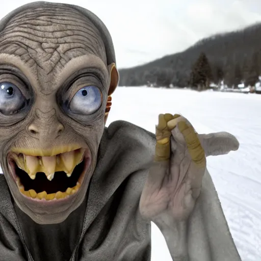 Prompt: Gollum on snowboard with sigarette