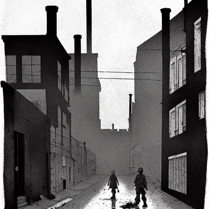 Image similar to [ sadie sink in dirty workmen clothes walks ] next to [ a long street with newcastle terraced housing ]. background : factory, dirty, polluted. technique : black and white pencil and ink. by gabriel hardman, joe alves, chris bonura. cinematic atmosphere, detailed and intricate, perfect anatomy