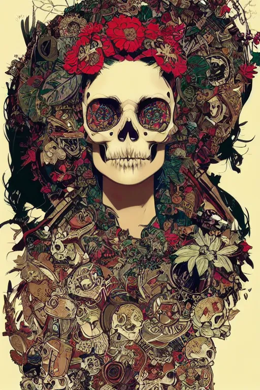 Image similar to beautiful skull cyborg portrait girl illustration, detailed patterns art of vietnam traditional dress, pop art, splash painting, art by geof darrow, ashley wood, alphonse mucha, makoto shinkai