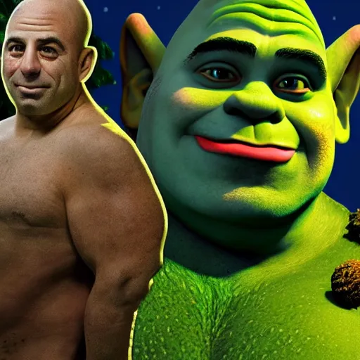 Image similar to Joe Rogan as shrek in front of hut in the swamp, cinematic lighting, masterpiece, trending on artstation, 4k