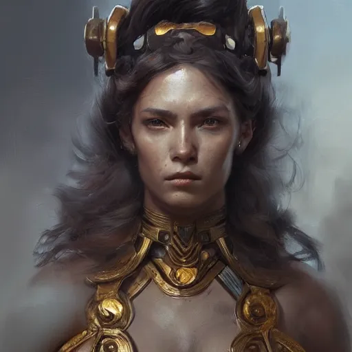 Image similar to a beautiful portrait of a iron goddess, a detailed painting by greg rutkowski and raymond swanland, featured on cgsociety, fantasy art, detailed painting, artstation hd, photorealistic