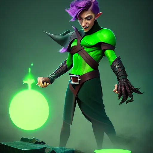 Image similar to clash royale green goblin, by tom bagshaw and ilya kuvshinov, rtx rendering, octane render 1 2 8 k, maya, extreme high intricate details by wlop, digital anime art by ross tran, medium shot, composition by sana takeda, dramatic lighting by greg rutkowski