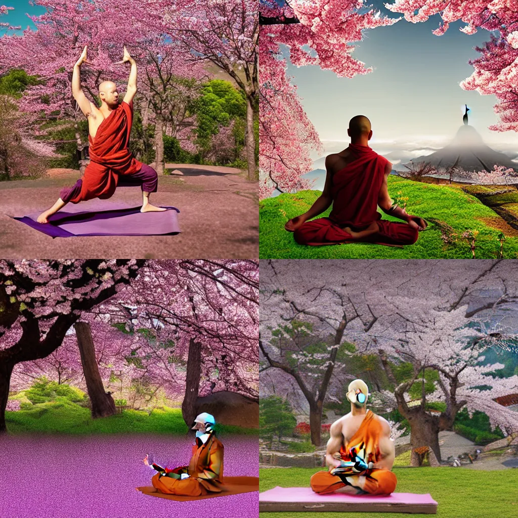 Prompt: a monk practicing yoga in front of a Tibetean monastery on top of a mountain , under a cherry blossom tree, steampunk, detailed digital art