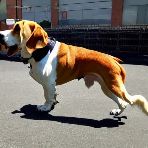 Image similar to photo of gigantic beagle dog over a city