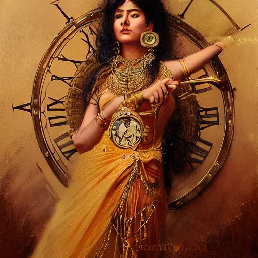 Prompt: detailed potrait of hindu traditional woman with high - tech steam punk clock face armour, girl graceful,, painting by gaston bussiere, craig mullins, j. c. leyendecker, lights, art by ernst haeckel, john william godward, hammershøi,,