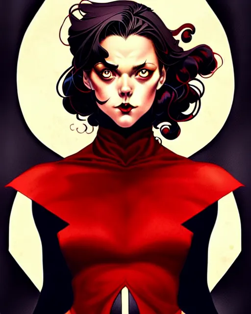 Prompt: artgerm, joshua middleton comic cover art, joanne calderwood, red dress, symmetrical eyes, symmetrical face, long curly black hair, dark castle background background, cinematic lighting