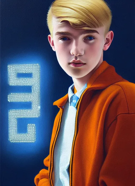 Image similar to portrait of a high school senior boy named moose mason, blonde short hair, jock, beefy, square jaw, square facial structure, 1 9 5 0 s, blue varsity jacket, intricate, elegant, glowing lights, highly detailed, digital painting, artstation, concept art, smooth, sharp focus, illustration, art by wlop, mars ravelo and greg rutkowski