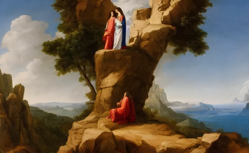 Image similar to jesus and mary magdalene standing on a cliff looking over a beautiful landscape, paradise