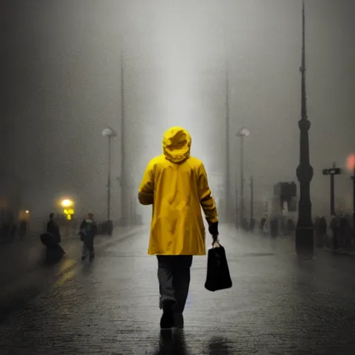 Image similar to A man in a yellow raincoat in a black city surrounded by people wearing brown rain coats. Dreary, dreamlike.