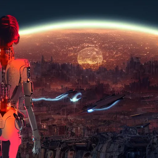 Prompt: A cyborg lady with her cat standing on her shoulders, standing on a cliff looking down at a futuristic city, with the atmosphere colored pale red, with dust particles and grains of wind blowing, and the moon is closely seen in the sky.