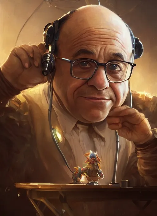 Image similar to Portrait of Danny Devito biopunk scientist with elven ears, He is working on trinkets on a table, realistic, detailed, 4k by Greg Rutkowski Mark Arian trending on artstation