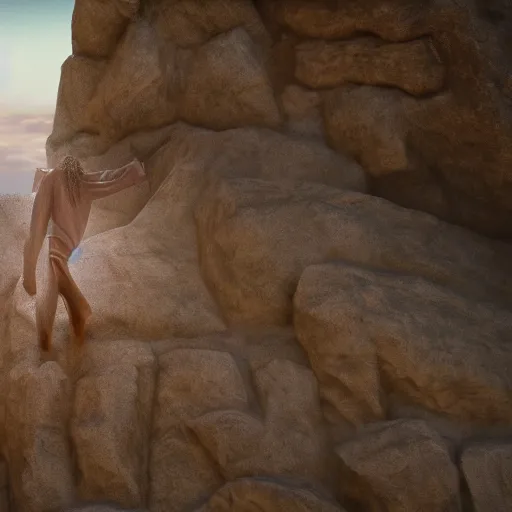 Image similar to Jesus Christ rising out from a tomb in a cliff side, cinematic perspective, movie shot, 8k, full hd