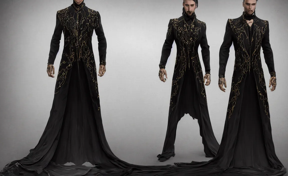 Prompt: costume design, men's black evening dress on the man platform, long, with rhinestone trim and baroque dark pattern, artstation trending, realistic, octane render, ureal engine, product advertising photograph, hyperdetailed.