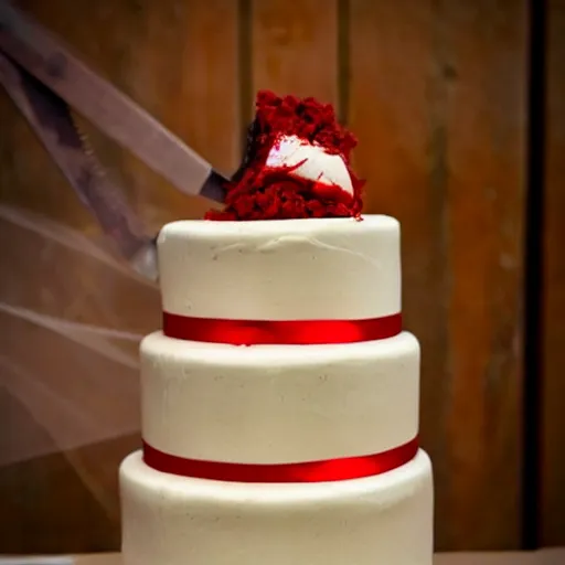 Image similar to 4 stage wedding cake knife slice with blood dripping from the slice in a salvador dali style