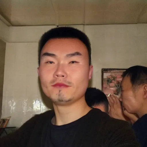 Image similar to chinese man accidental selfie with flash on, eyes closed